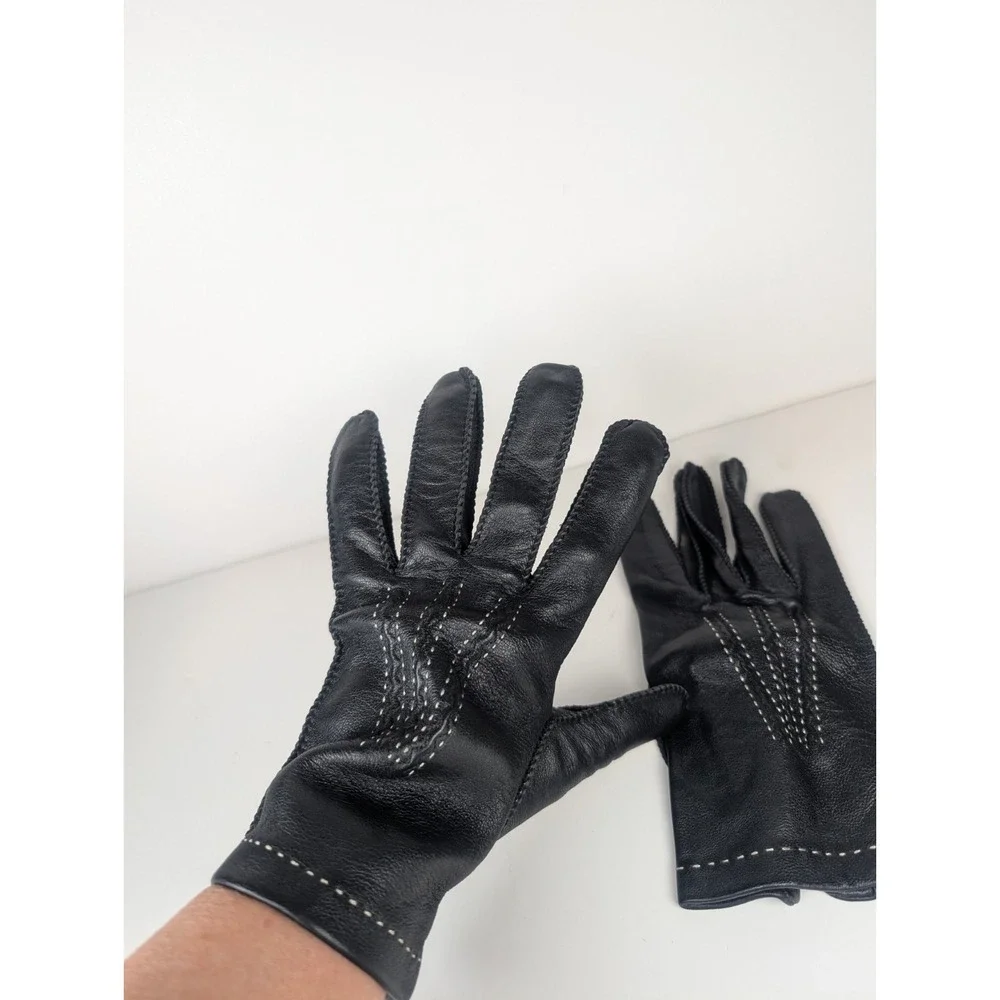 Sears Black Driving Gloves w/Tan Stitching Vintage Size Med 9-9.5